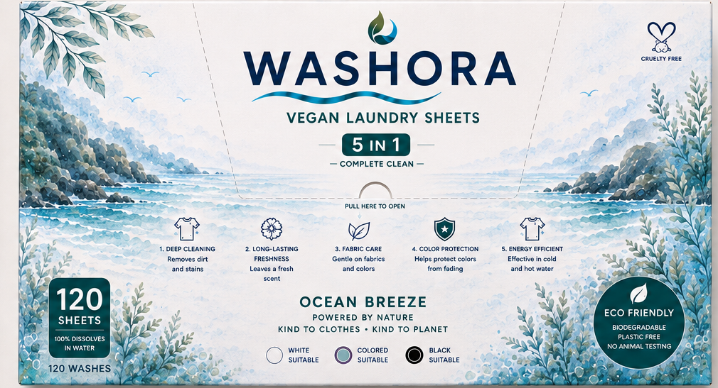 Voorkant van Washora Ocean Breeze Laundry Sheets verpakking