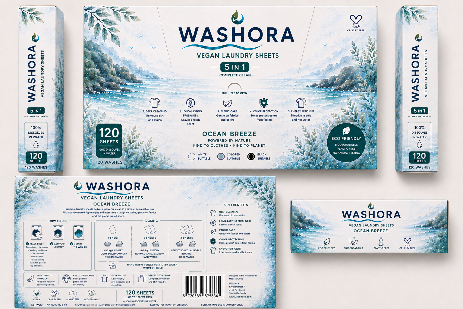 Meerdere aanzichten van de Washora Ocean Breeze verpakking